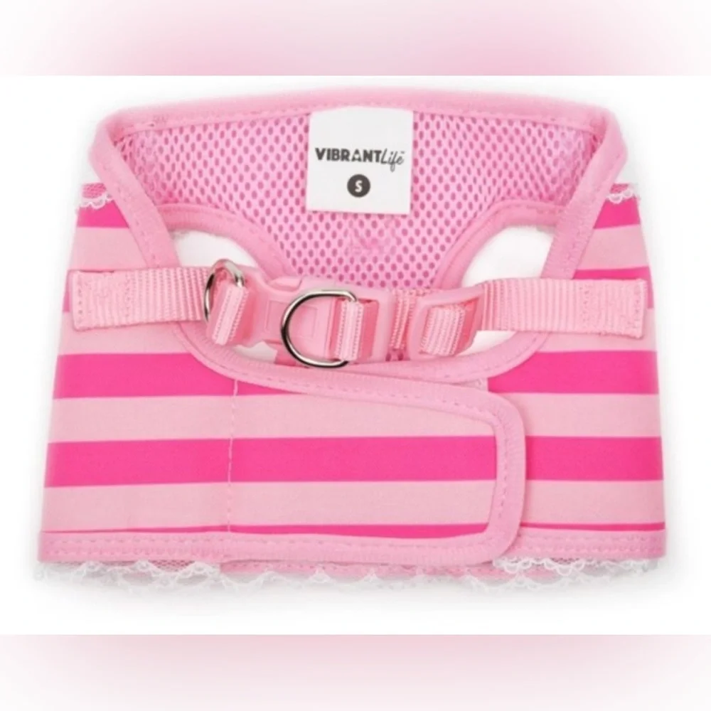 NWT [Vibrant Life] Girly Pink Striped Lace Collar Buckle Dog Harness Sz Small